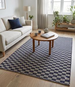 Tapis d'intérieur géométrique fait main en jute et coton bleu naturel tissé à la main pour salon et chambre - Product Image 2