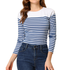 Camiseta de Mujer Personalizada con Rayas, de Algodón y Elastano, Tejido de Punto Suave, Corte Regular, Blanca y Azul a Rayas - Product Image 1