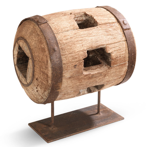 <b>Vintage</b> Heavy Wooden Cylindrical Wheel Sculpture Metal Stand Console <b>Sideboard</b> Display Decor for Living Room Bedroom Farmhouse - Product Image 1