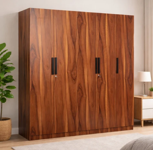 Rich brown 3 door wooden wardrobe featuring a center mirror and golden handles, available at wholesale prices. - Product Image 3