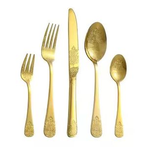 Ensemble de couverts de luxe en acier inoxydable avec poignée dorée, finition martelée, comprenant fourchette, cuillère et couteau, pour une table élégante en cuisine et en salle à manger - Product Image 5