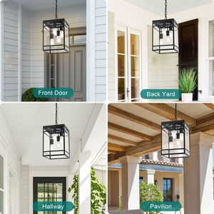 Lampada a Sospensione Nera da Esterno con Pannello in Vetro Smerigliato, Grande Lampadario Lineare da Esterno per Portico - Product Image 6