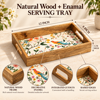 Plateau de service artistique pour mariage, motif floral et oiseaux |   Plateau rectangulaire en bois naturel émaillé avec poignées découpées pour le thé, les collations, la table à manger