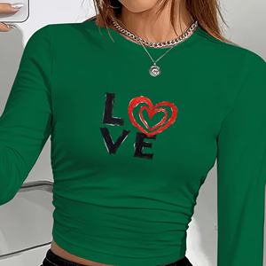 Camiseta de Manga Larga con Estampado de Corazón, Estilo Y2K para Mujer, Cuello Redondo, Tejido de Punto, Spandex, Poliéster, Corte Regular, para Todas las Temporadas - Product Image 2