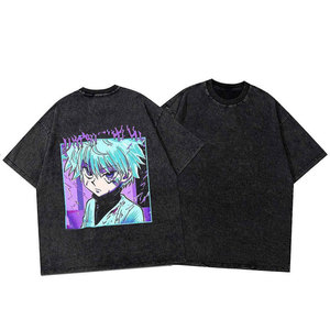 T-shirt noir surdimensionné pour homme avec imprimé de personnage d'anime, col rond, manches courtes, style streetwear, tissu en jersey de coton - Product Image 4