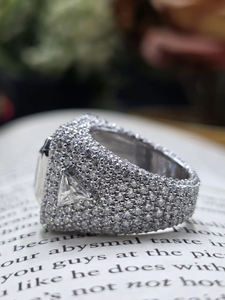 Iced Out Sterling <b>Silver</b> Moissanite Cocktail <b>Ring</b> <b>Emerald</b> Cut Pave Setting Geometric Luxury Engagement <b>Ring</b> - Product Image 4