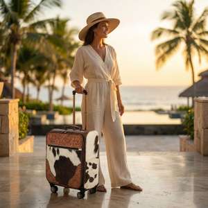 Valise trolley en cuir véritable 100% souple, sculptée à la main avec motifs floraux, couleur marron et blanc, style classique et tendance - Product Image 5