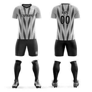 Conjunto de Uniforme de Fútbol Personalizado para Hombre, Azul y Negro a Rayas, Cuello en V, Manga Corta, Absorbente de Humedad, con Pantalones Cortos y Calcetines a Juego - Product Image 4