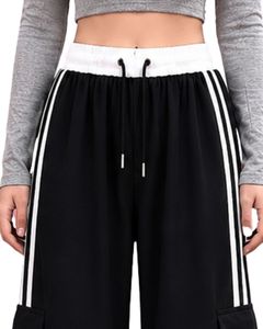 Pantalones Cargo Anchos Personalizados para Mujer, Color Negro, con Rayas Laterales Blancas, Cintura Alta, Estilo Urbano, Corte Holgado, Joggers Casuales - Product Image 5