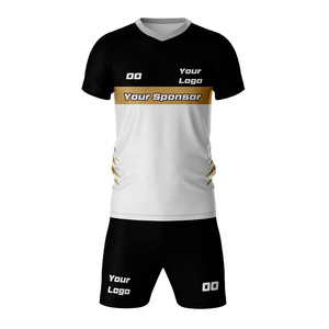 Conjunto de Camiseta de Fútbol Personalizada, Negra, Blanca y Dorada, Cuello en V, Manga Corta, Transpirable, de Poliéster, para Equipo, Unisex, Sublimada - Product Image 1