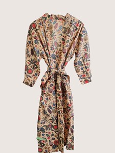 Bata Larga Estampada Floral para Mujer, Manga Tres Cuartos, Sin Cuello, 100% Algodón Suave, Estilo Casual de Primavera, Cierre con Cordón - Product Image 1