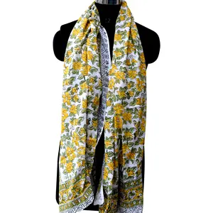New Popular Cotton Scarf Snaganeri Block Printed Scarves Floral Pattern Sarong Handmade Beach Cover Ups White Pareo Wholesale