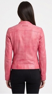 Wholesale Women Washed <b>Pink</b> Leather <b>Jacket</b> Asymmetric Zip Biker Coat Custom Quilted Collar Slim Fit Outerwear Supplier - Product Image 2