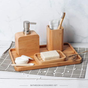 Juego de 4 Accesorios de Baño y Lavabo de Bambú Hechos a Mano, Estilo Retro Natural, Jabonera, Dispensador de Jabón y Loción para Ducha - Product Image 2