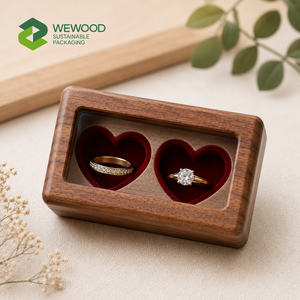 Custom Walnut Wood Double Heart <b>Ring</b> <b>Box</b> with Clear Window and White Velvet Lining for Wedding Jewelry Packaging - Product Image 2