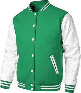 Veste universitaire 2027 vert et blanc à blocs de couleur, col montant, boutons-pression, style sportif, manteau de baseball - Product Image 5