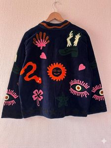Handmade Suzani Embroidered Eco-Friendly Quilted Cotton <b>Jacket</b> <b>Kantha</b> Stitch Bohemian Floral Pattern Lightweight Stand Collar - Product Image 2