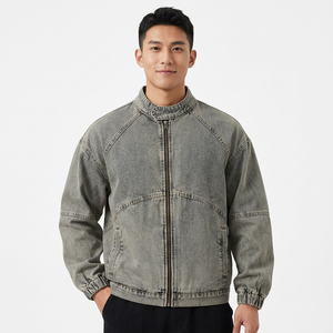 Veste en jean vintage délavée pour homme, zippée, col montant, surpiqûres, unie, décontractée, automne - Product Image 4