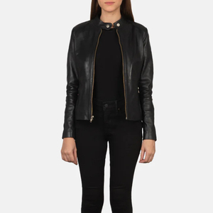 Women's Genuine <b>Leather</b> <b>Biker</b> <b>Jacket</b> <b>Black</b> Zipper Stand Collar Full Sleeve Moto Style Autumn Outerwear - Product Image 2