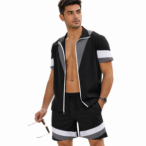 Custom Men's Summer Tracksuit Set Short Sleeve <b>Zip</b> Shirt and Shorts Streetwear OEM Logo Apparel - Product Image 5