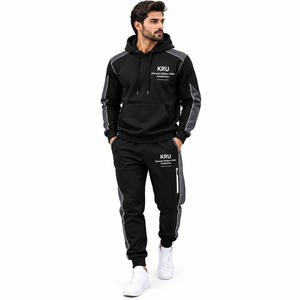 KRU Men's Hooded Tracksuit Set <b>Black</b> Gray Stripe Full Sleeve Casual Sweatshirt <b>Pants</b> With Side Pockets Breathable Polyester - Product Image 1