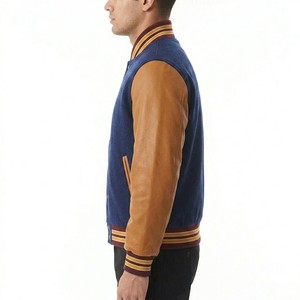 <b>Men's</b> Navy Blue Varsity <b>Jacket</b> With Brown <b>Leather</b> Sleeves Turn-down Collar Button Closure Regular Fit Autumn Wear - Product Image 3