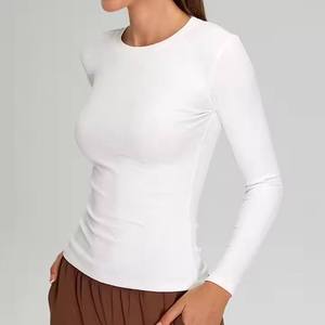Women's <b>White</b> <b>Long</b> <b>Sleeve</b> Crew Neck Knitted T-Shirt Slim Fit Casual Breathable Spandex Cotton Blend Full <b>Sleeve</b> Solid Color <b>Top</b> - Product Image 1