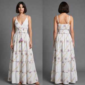 Women Boho Embroidered Cotton Maxi <b>Dress</b> – Sleeveless Smocked Waist Tiered Long <b>Dress</b> with Tassel Detail - Product Image 4