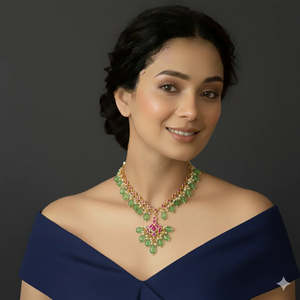 Green Beaded Jadau Kundan Regular Alloy Gold Plated Oxidized Polish Necklace Set - Product Image 1