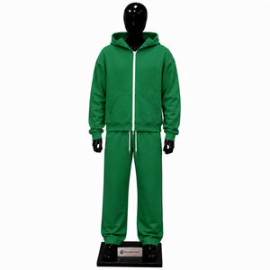 Ensemble de survêtement vert pour homme, sweat à capuche zippé uni et pantalon de jogging, personnalisable, vente en gros, streetwear décontracté, vêtements de sport en molleton, deux pièces - Product Image 1