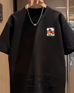 Camiseta de Hombre de Poliéster/Algodón Grueso, Negra, con Gráfico de Palmera al Atardecer, Corte Regular, Transpirable, Informal, para Verano - Product Image 4