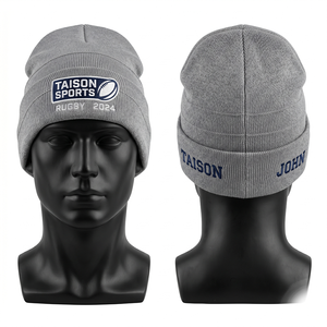 Premium 320 GSM Acrylic Knit Rugby Beanie Grey Cuffed Design Custom Embroidery Woven Patch Logo Team <b>Winter</b> Hat - Product Image 1