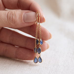 Wholesale 18K Solid Yellow Gold Natural Oval and Pear Blue Sapphire Bezel Chain Drop Earrings Memoria Jewels - Product Image 6