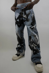 Jean droit taille haute pour homme avec imprimé numérique motif oiseau, en coton délavé, style streetwear, pantalon unisexe - Product Image 2