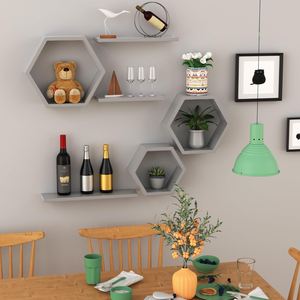 Étagères murales hexagonales grises modernes avec panneaux flottants, étagères murales décoratives géométriques en bois pour le salon - Product Image 3