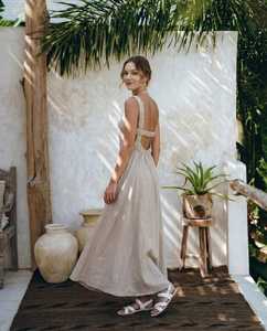 Women Linen Maxi <b>Dress</b> Sleeveless Backless <b>Elastic</b> Waist A-Line Summer Plain Dyed Natural Washable Minimalist Beige Casual - Product Image 5