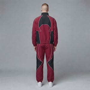 Custom Red black Men Matching Set Color Block White Piping Athletic Woven Mock Neck Full Zip <b>Jacket</b> Elastic Pants for Sport - Product Image 6