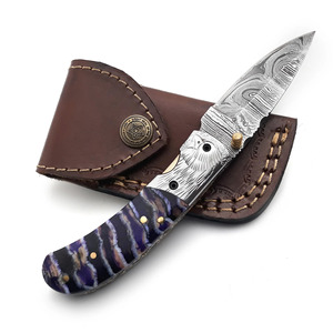 Couteau pliant en acier Damas avec manche en résine violette, couteau de poche pour la chasse, le camping et les activités de plein air, fabriqué en usine - Product Image 6