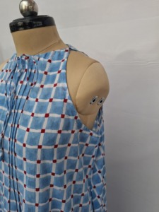 Blue Plaid Sleeveless Halter Lace-<b>Up</b> Maxi <b>Dress</b> Pleated Breathable 100% Cotton Woven Formal Style Natural Waist A-Line <b>Adults</b> - Product Image 5