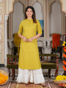 คอตตอนลายทางพิมพ์ลายสีทอง เสื้อคุर्ตาทรงตรง สีเขียว เสื้อผ้าผู้หญิงสไตล์ชาติพันธุ์แบบดั้งเดิม ลำลอง สำหรับฤดูร้อน แห้งเร็ว ป้องกันแสงแดด - Product Image 5