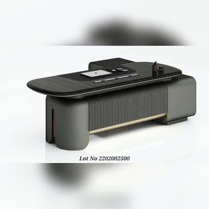 Escritorio Ejecutivo de Madera Contrachapada de Grado E1 con Acabado en Cuero y Membrana, Estación de Trabajo Moderna con Panel Decorativo de Rejilla Metálica - Product Image 3