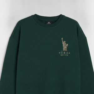 Sudadera de Cuello Redondo HERITAGE Verde Bosque con Bordado de la Estatua de la Libertad, Personalizada OEM ODM para Hombre y Mujer - Product Image 5