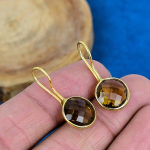 Natural Handmade Smokey Quartz Round Shape Gemstone Hook Earrings 18k Micron Gold Over 925 <b>Sterling</b> <b>Silver</b> - Product Image 1