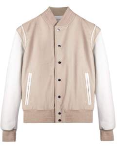 <b>Mens</b> Varsity <b>Jacket</b> Beige Wool Body <b>White</b> Front Embroidery Stand Collar Horn Button Waterproof College Bomber <b>Jacket</b> - Product Image 1