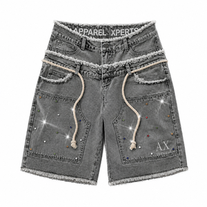 Pantalones Cortos de Mezclilla Personalizados 2026 para Hombre, Estilo Y2K, con Pedrería, Dobladillo Deshilachado, Ajuste Holgado, Moda Urbana de Verano - Product Image 1