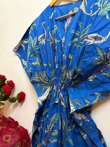 Robe longue décontractée en coton bleu à imprimé floral pour femme, manches chauve-souris, style safari, tenue de vacances, tunique d'été décontractée, coupe régulière, bohème - Product Image 6