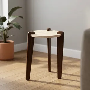 Table d'appoint moderne avec plateau rond en pierre et pieds en bois de manguier, design mid-century, fabrication artisanale, meuble de salon - Product Image 5