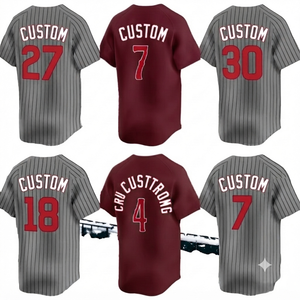 Baseball Jersey Burgundy Team Uniform Personalized <b>Athletic</b> Wear Grey Pinstripe Unisex V-neck 100% Cotton Anti-Bacterial Mesh - Product Image 1
