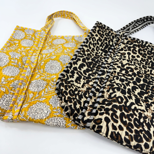 กระเป๋าโท้ทงานแฮนด์เมดแบบเย็บปะติดปะต่อสไตล์กันธา ขายส่ง ผ้าฝ้ายเป็นมิตรกับสิ่งแวดล้อม ซิป ลายพิมพ์บล็อก พลิกกลับด้านได้ ลายเสือดาว สไตล์โบฮีเมียน - Product Image 1