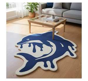 Alfombra Hecha a Mano con Forma de Delfín Azul y Blanco, Alfombra de Lana Irregular Personalizada para Decoración de Sala de Estar y Cuarto de Niños - Product Image 2